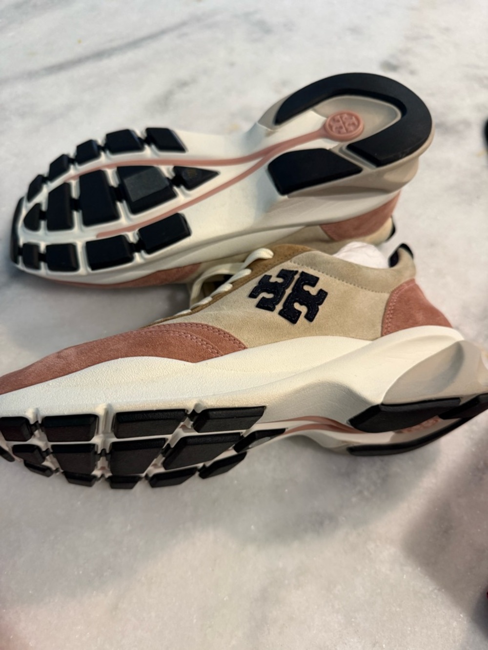 Tory Burch Pink Suede and Cream Sport Sneakers with Black Logo